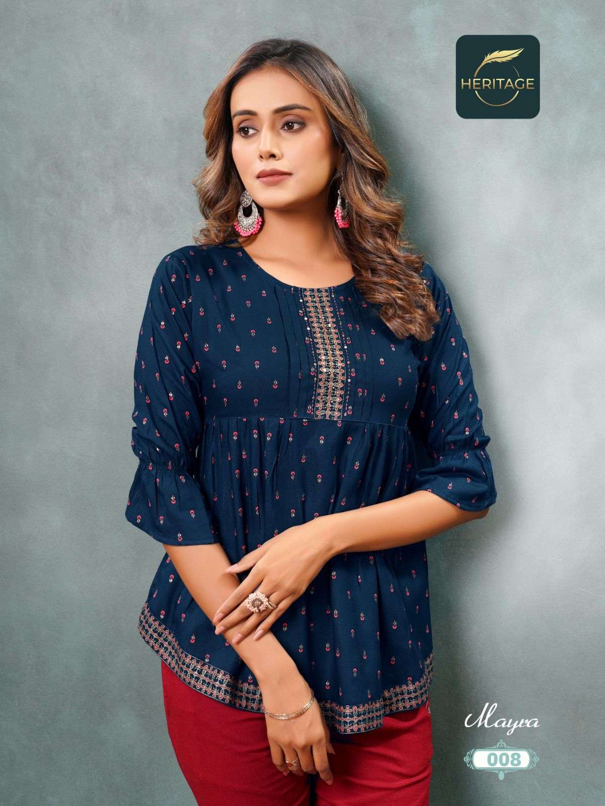 MAYRA RAYON SLUB DESIGNER SHORT KURTAS WITH STYLISH PRINTS ANDHANDWORK BY HARITAGE BRAND 1008